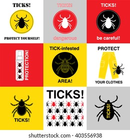Vector insect tick set. Dangerous tick parasite area. Vector mite beetle. Tick bug icon isolated. Vector tick bug silhouette. Mite skin parasite. Tick bug skin parasite protection.