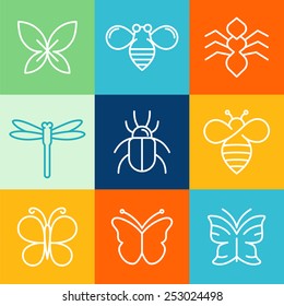 Vector insects and bugs logo design elements - mono line icons and signs