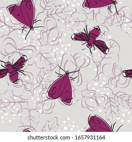 Vector Insects and Flowers Line Art in Pink Scattered on Gray Background Seamless Repeat Pattern. Background for textiles, cards, manufacturing, wallpapers, print, gift wrap and scrapbooking.
