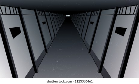 Vector of inside of a prison, jail, dungeon hall with the cells perspective look