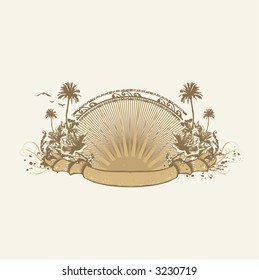 Vector insignia and banner. Surice on the tropical ocean coast. Grunge style