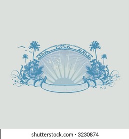 Vector insignia and banner. Surice on the tropical ocean coast. Grunge style