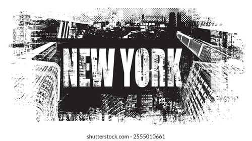 vector inskription in grunge urban street art style on background geometric shapes from elements of big city architecture and cityscape with New York skyscrapers viewed. suitable for logo, t-shirt