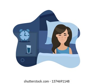 Vector insomnia concept. Sleepless girl lying in bed and thinking about problems. Woman without melatonin. Darkness illustration in flat cartoon style