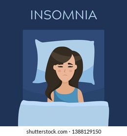 Vector insomnia girl. Sleepless woman lying in bed and thinking about problems. Cartoon illustration in flat style