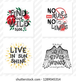 Vector inspirational message type print for t-shirt with sequines. Set of four cards.