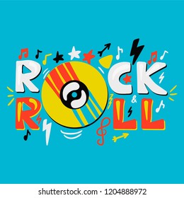 Vector inspirational and motivational hand drawn concept Rock ‘n’ Roll with gramophone record, sheet music, treble clef, arrows, stars, mediator and thunderbolt symbols