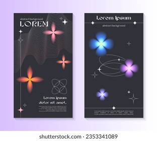 Vector insta story cosmic templates with linear shapes,blurred sparkles in 90s style.Smm banners in y2k aesthetic.Futuristic designs for social media marketing,branding,packaging