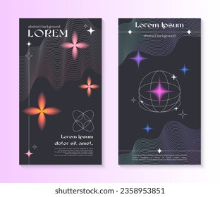 Vector insta story cosmic templates with linear shapes,blurred sparkles in 90s style.Smm banners in y2k aesthetic.Futuristic designs for social media marketing,branding,packaging