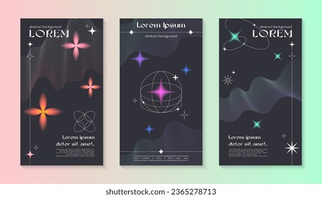 Vector insta story cosmic templates with linear shapes,blurred sparkles in 90s style.Smm banners in y2k aesthetic.Futuristic designs for social media marketing,branding,packaging