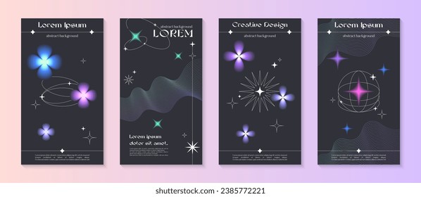 Vector insta story cosmic templates with linear shapes,blurred sparkles in 90s style.Smm banners in y2k aesthetic.Futuristic designs for social media marketing,branding,packaging