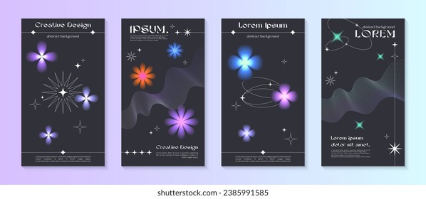 Vector insta story cosmic templates with linear shapes,blurred sparkles in 90s style.Smm banners in y2k aesthetic.Futuristic designs for social media marketing,branding,packaging