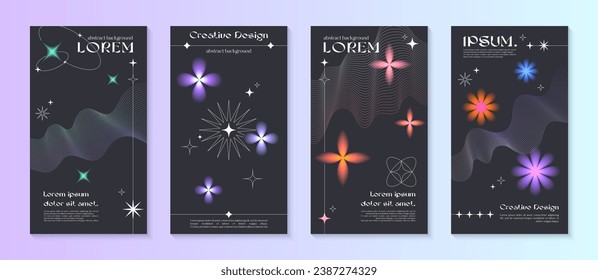 Vector insta story cosmic templates with linear shapes,blurred sparkles in 90s style.Smm banners in y2k aesthetic.Futuristic designs for social media marketing,branding,packaging