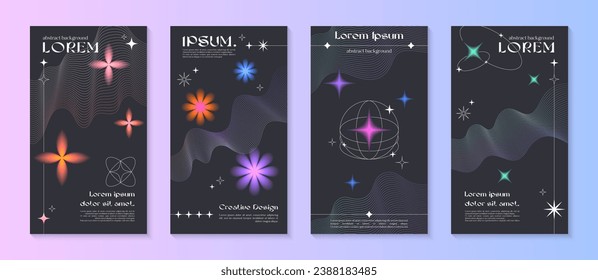 Vector insta story cosmic templates with linear shapes,blurred sparkles in 90s style.Smm banners in y2k aesthetic.Futuristic designs for social media marketing,branding,packaging