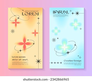 Vector insta story gradient templates with geometric shapes,blurred sparkles,copy space for text in 90s style.Smm banners in y2k aesthetic.Trendy designs for social media marketing,branding,packaging