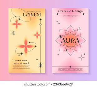 Farbverlauf-Vorlagen für Vektorgeschichten mit geometrischen Formen,Herz,unscharfe Funkeln,Kopienraum für Text im Stil der 90er Jahre.Smm-Banner in y2k-Ästhetik.Trendy-Designs für Social Media-Marketing,Branding,Verpackungen