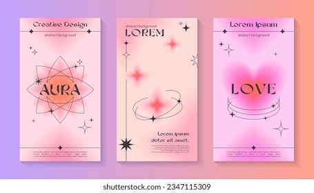 Farbverlauf-Vorlagen für Vektorgeschichten mit geometrischen Formen,Herz,unscharfe Funkeln,Kopienraum für Text im Stil der 90er Jahre.Smm-Banner in y2k-Ästhetik.Trendy-Designs für Social Media-Marketing,Branding,Verpackungen