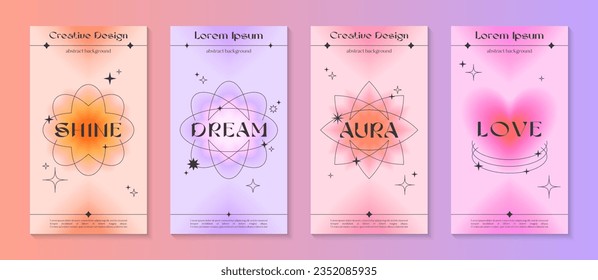 Vector insta story gradient templates with linear shapes,heart,blurred sparkles,copy space for text in 90s style.Smm banners in y2k aesthetic.Designs for social media marketing,branding,packaging