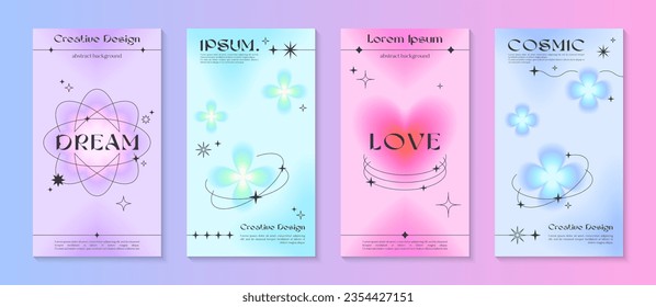 Vector insta story gradient templates with linear shapes,heart,blurred sparkles,copy space for text in 90s style.Smm banners in y2k aesthetic.Designs for social media marketing,branding,packaging