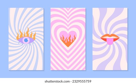 Modelos de historia vectorial con ojo malvado, corazón con llama, labios con lengua fuera. Banners de Smm en estética de 2000 con antecedentes de estilo 90.Diseños psicodélicos para marketing en medios sociales