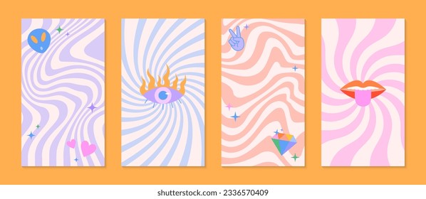 Vector insta story templates with patches and stickers in 90s style.Smm banners in y2k aesthetic with spiral and wavy backgrounds.Psychedelic funky designs for social media marketing,branding