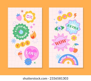 Vector insta story templates with patches and stickers in 90s style.Smm banners in y2k aesthetic with chess background.Funky designs for social media marketing,branding,packaging