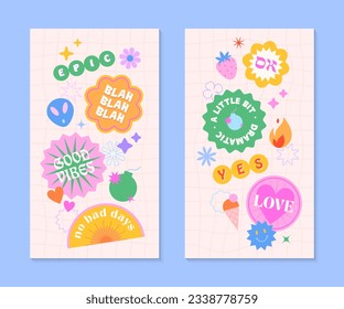 Vector insta story templates with patches and stickers in 90s style.Smm banners in y2k aesthetic with chess background.Funky designs for social media marketing,branding,packaging