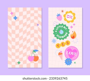 Vector insta story templates with patches and stickers in 90s style.Smm banners in y2k aesthetic with wavy background.Psychedelic funky designs for social media marketing,branding,packaging