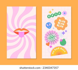 Vector insta story templates with patches and stickers in 90s style.Smm banners in y2k aesthetic with spiral background.Funky designs for social media marketing,branding,packaging