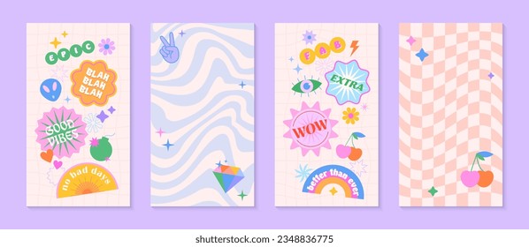 Vector insta story templates with patches and stickers in 90s style.Smm banners in y2k aesthetic with chess and wavy backgrounds.Trendy funky designs for social media marketing,branding,packaging