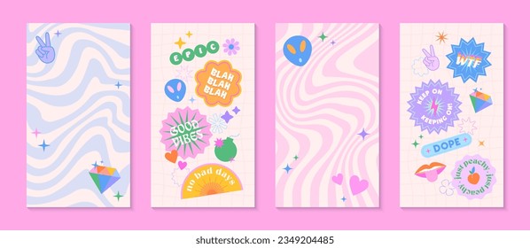 Vector insta story templates with patches and stickers in 90s style.Smm banners in y2k aesthetic with wavy backgrounds.Funky designs for social media marketing,branding,packaging