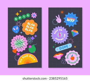 Vector insta story templates with patches and stickers in 90s style.Smm banners in y2k aesthetic with chess background.Funky designs for social media marketing,branding,packaging