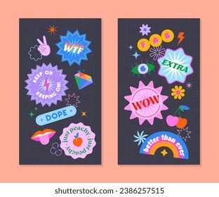 Vector insta story templates with patches and stickers in 90s style.Smm banners in y2k aesthetic with chess background.Funky designs for social media marketing,branding,packaging