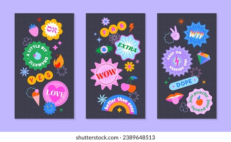 Vector insta story templates with patches and stickers in 90s style.Smm banners in y2k aesthetic with chess background.Funky designs for social media marketing,branding,packaging