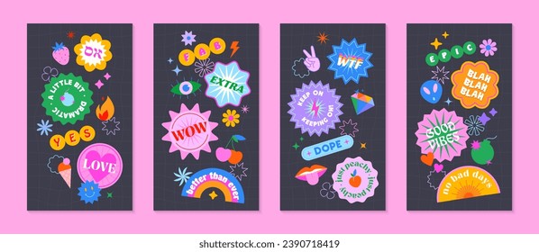 Vector insta story templates with patches and stickers in 90s style.Smm banners in y2k aesthetic with chess backgrounds.Funky designs for social media marketing,branding,packaging