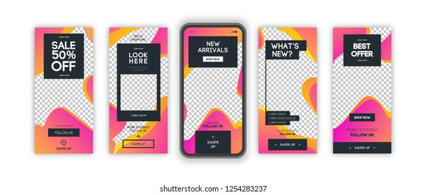 Vector instagram stories template set with liquid abstract modern gradient background for banner sale, presentation, flyer, poster, invitation. Screen backdrop for mobile app. Streaming. 10 eps