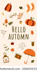 Vector Instagram Story for Autumn. Set of pictorial illustrations for the Autumn season: pumpkin, umbrella, falling leaf, coffee, glasses, hunting cart, book, quiet reading. drawing