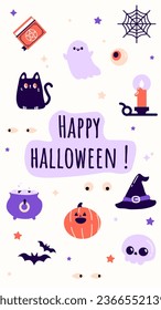 Vector Instagram Story for Halloween. Set of illustrations of pictograms for the Halloween party: ghost, witch hat, black cat, pumpkin, lantern, cauldron, cyclops, monster. drawing