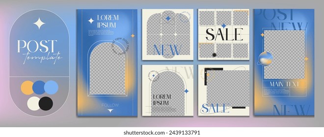 Vector Instagram templates for post and stories. Banners in pastel color with minimalistic graphics. Abstract gradient in blue yellow color. Futuristic Backgrounds for brand, product, advertising.