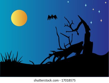 Vector installation of night scene with cracked tree