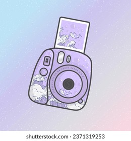 Vector instant camera in vintage purple color with ocean background aesthetic