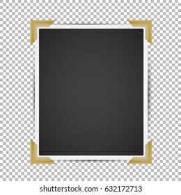 Vector Instant Photo Frame with adhesive tape. Photo realistic vector Mockup on transparent background. Vintage paper Photo Frame Template for your photos or project. Retro style design element