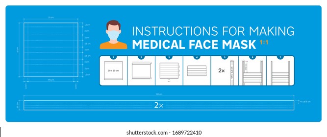 Vector instruction for making medical face mask. Blueprint 1:1 tutorial. Blue background.
