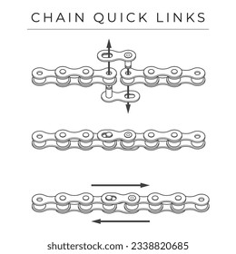 Vector instructions for connecting a bicycle chain using a quick links. Isolated on white background.