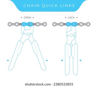 Vector instructions for disconnecting and connecting a bicycle chain with quick links and Quick Link Pliers. Isolated on white background.