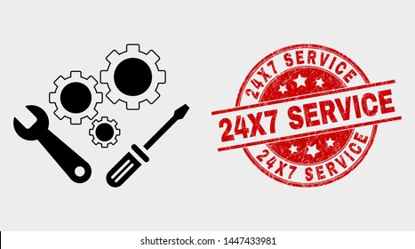 Vector instrumental tools pictogram and 24X7 Service seal stamp. Red round distress seal stamp with 24X7 Service text. Vector combination for instrumental tools in flat style.