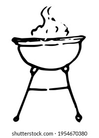 Vector Insulated BBQ Grill Grate Element on Legs side view with burning fire Hand drawn black line in doodle style for label design template, packaging, invitation warning hot