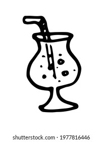 Vector insulated clear glass with bubbles and straw straws, Curved cocktail glass of bubble drink hand-drawn in doodle style with black line on white background for menu design template, summer 