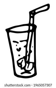 Vector insulated clear glass with ice and straw, full of bubble drink hand-drawn in doodle style with black line on white background for menu design template, summer vacation, beach holiday