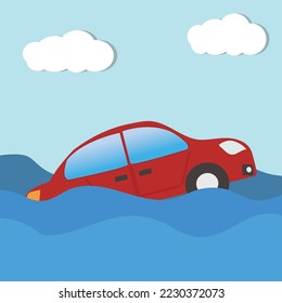 Vector of insurance concept about accident red car have fall to river or flood , insurance company use for banner if insurance indetail accident car insure online sale shooping business illustration.